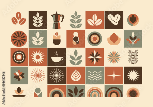 Minimalist Coffee and Nature Icon Grid Set - Mid-Century Modern Style Illustration with Coffee Beans, Moka Pot, Sun, and Floral Geometric Elements in Earth Tones