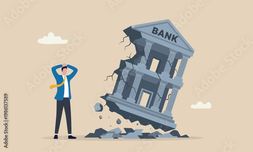 Banking bankruptcy problem, stock market crash or credit risk, failure or investment failure concept, frustrated businessman look at collapsing bank building