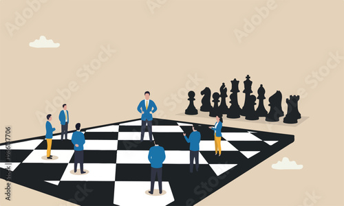 Decision makin concept, miniature figure businessman thinking and standing on chessboard looking at black chess enemy in far background