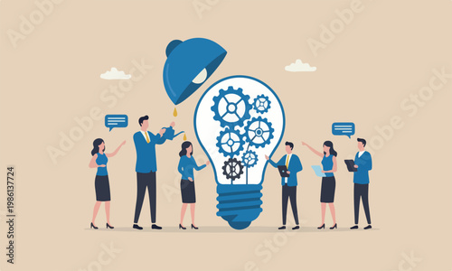 Maintenance, businessman drop lubricant or grease into open lightbulb with mechanical gears