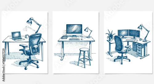 Modern Home Office Desk Setup with Computer, Chair, and Lamp - Hand-Drawn Style