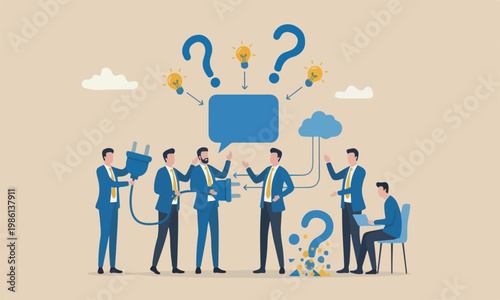 Communicate, bigger one fall cooperate to success, connect idea for solution concept, businessman connect plug between conversation dialogue