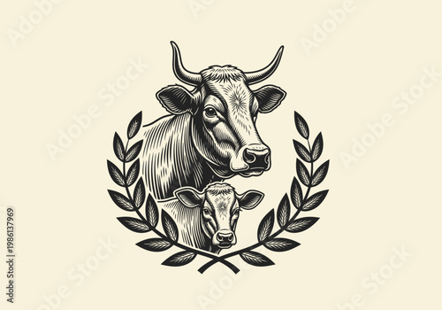 Vintage Woodcut Illustration of a Cow and Calf with Laurel Wreath, Rustic Farm Emblem for Dairy and Beef Industry