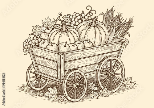 Vintage Line Art Illustration of a Rustic Wooden Wagon Filled with Autumn Harvest Pumpkins, Apples, Grapes, and Corn