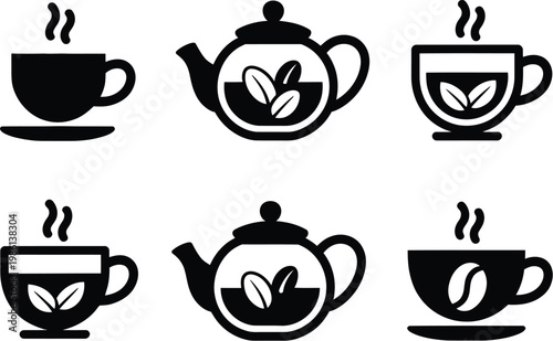 Tea and coffee icon set, black and white vector collection representing hot drinks, including teacups, coffee mugs, espresso cups, and kettles, ideal for café menus and beverage design projects.