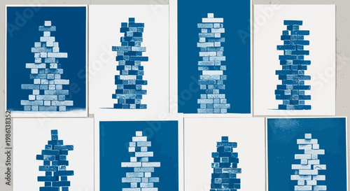 Stacking Building Blocks Concept, Abstract Blue Tones, Geometric Shapes