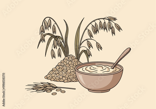 Hand-Drawn Vintage Illustration of Oat Stalks, Grains, and a Bowl of Oatmeal Porridge; Concept for Healthy Breakfast, Organic Cereal, and Natural Nutrition