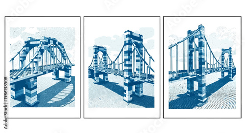 Blue Suspension Bridge Triptych: Architectural Design, Engineering Marvel, Urban Landmark