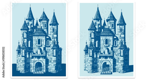 Ornate Blue Castle Illustration with Towers and Arched Entrance