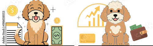 Two adorable cavapoo dogs illustrated with financial charts and money symbolizing wealth and prosperity