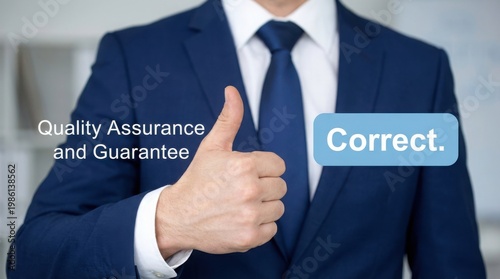 Professional businessman in a crisp navy blue suit and a crisp white shirt giving a thumbs up gesture, indicating quality assurance and guarantee of correct results for corporate business standards.