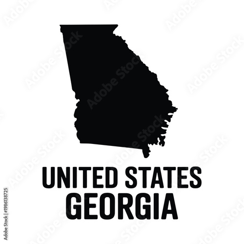 A stark black silhouette of the state of georgia with text indicating its location