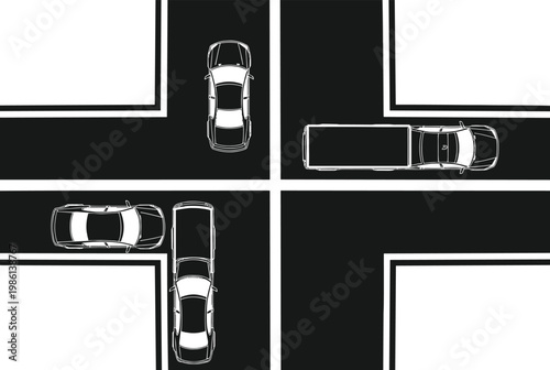 Traffic intersection vector illustration, cars and truck at crossroads, driving rules graphic, vehicle positioning, road safety design, urban transport scenario, commuting art