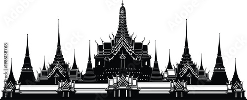 Traditional Thai temple silhouette illustration, ornate spires and rooftops, cultural religious architecture artwork, detailed black and white vector, historic Bangkok landmark drawing