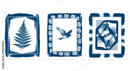 Collection of Indigo Cyanotype Prints: Fern, Bird, and Abstract Geometric Shapes