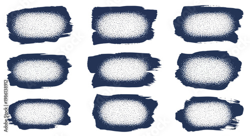 Set of nine navy blue brush stroke frames with stippled texture on white background