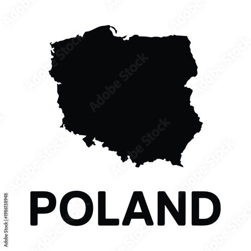 A stark silhouette of poland is displayed against a white background with the country s name below