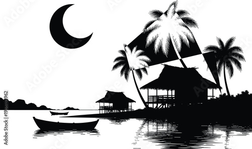 Tropical coastal night scene silhouette, crescent moon sky, palm trees reflection, stilt houses village, boats on water tranquility, serene island atmosphere illustration