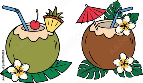 Tropical coconut drink vector illustration, summer beverage artwork, exotic cocktail design, island refreshment symbol, vacation party decoration, fruity drink concept.