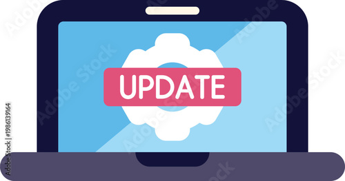 Laptop screen displaying a white gear icon with a red update button