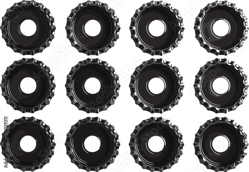Twelve black bottle caps arranged in grid, circular ridged edges, top view inspection, manufacturing quality control, damaged defective items, pattern recognition illustration