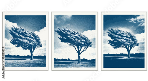 Windy Tree Triptych Cyanotype - Nature's Resilience