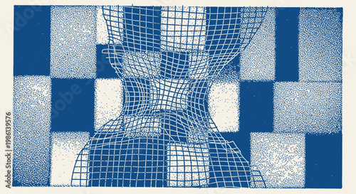 Abstract geometric pattern with distorted grid and checkerboard background