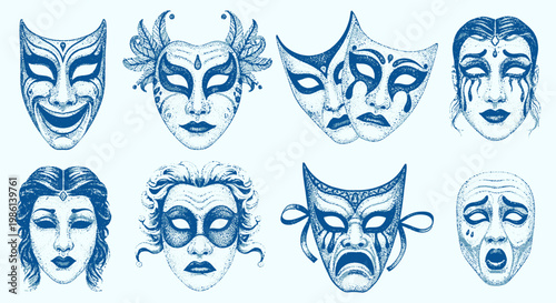 Collection of theatrical masks showing different emotions, drama and comedy