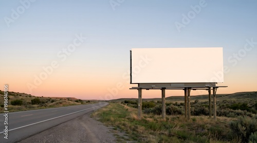 A blank billboard stands beside a desert road at sunset.