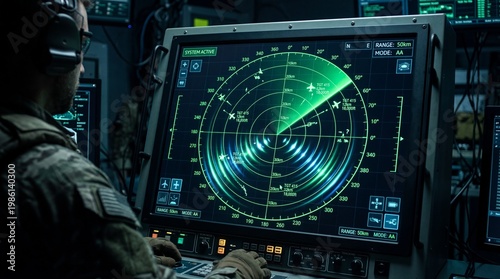 Air traffic control radar system in operation by military personnel