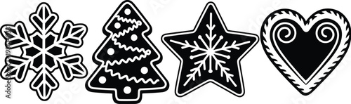 Holiday cookie cutter icon collection, vector illustrations of Christmas-themed shapes like stars, hearts, and trees in clean silhouette style for festive graphics and bakery designs.