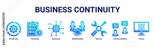 Business Continuity web banner icon vector illustration with icons of Continuity, Planning, Business, Relationship, Service, Communication and Focus