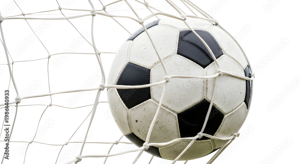 Fototapeta premium A soccer ball caught in a goal net after a successful shot, capturing the thrill of the game