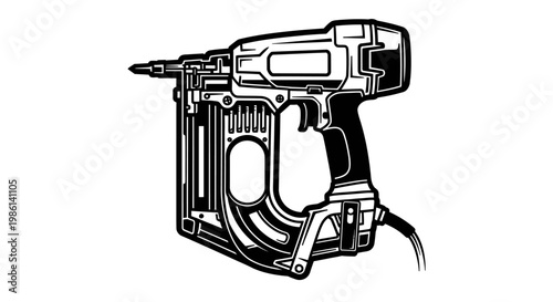 Black and white illustration of a construction staple gun on a white background