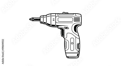 Black and white illustration of a cordless electric drill on white background