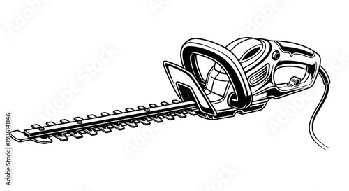 Black and white illustration of a hedge trimmer on a white background