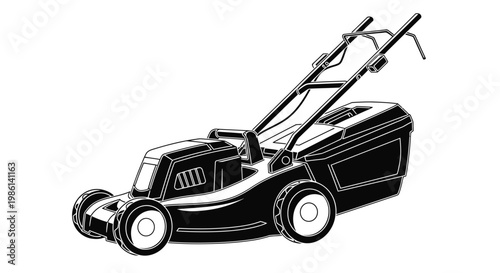 Black and white illustration of a lawnmower isolated on white background
