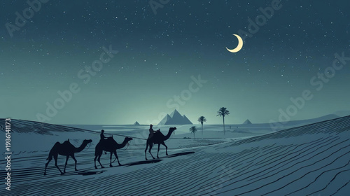 illustration silhouette of a desert scene at night. camels is crossing sand dunes. In the background, pyramids and palm trees 