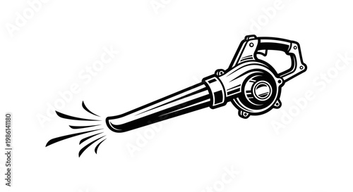 Black and white illustration of a leaf blower with exhaust lines