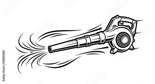 Black and white illustration of a leaf blower with wind effect