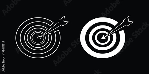Target Achievement with Arrow Hitting Bullseye on Dark Background, Business Goal Strategy and Success Concept in Minimal Line and Solid Style