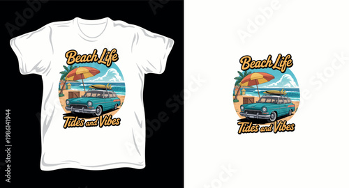 Beach life tides and vibes vintage station wagon car with surfboard on coast graphic vector art t-shirt design print template.