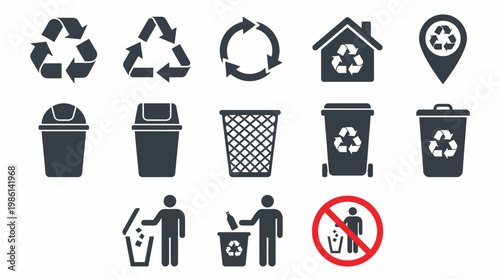 Recycling and waste icons collection for waste management, sorting, litter prevention, and environmental awareness