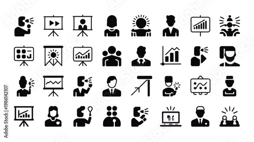 Set of 35 Business Presentation and Speaker Solid Glyph Icons Vector