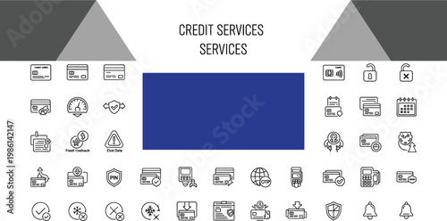 Credit services outline icon set featuring loan approval credit score payment processing financial security monitoring banking analytics vector collection
