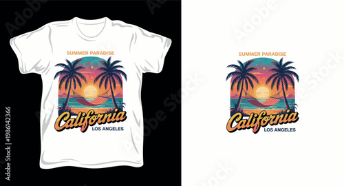 Summer paradise california los angeles typography t-shirt design, retro sunset palm trees with hammock on beach vector illustration.