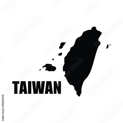 A stark black silhouette of taiwan with its surrounding islands accompanied by the country s name