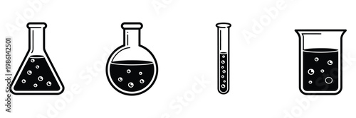 

Beaker glass laboratory science icon set, modern line and flat vector illustration featuring chemical glassware, liquid measurement, and experiment symbols for education, research, and scientific 