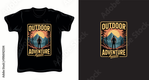Outdoor adventure awaits t-shirt design, retro illustration of person hiking in mountains at sunset.