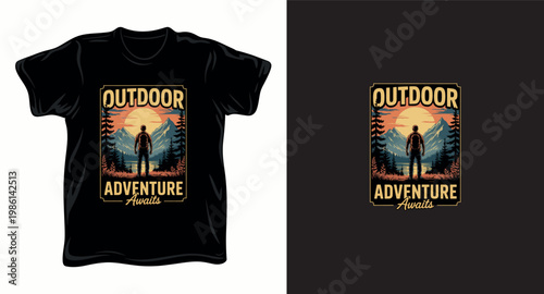 Outdoor adventure awaits t-shirt design, vintage illustration of person hiking in mountains at sunset.